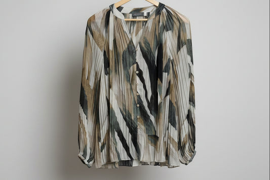 Mint Velvet Pleated Print Blouse UK 14 EU 42 - Beige & Green - Great Used Condition