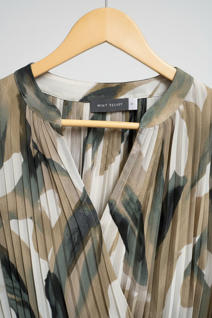 Mint Velvet Pleated Print Blouse UK 14 EU 42 - Beige & Green - Great Used Condition