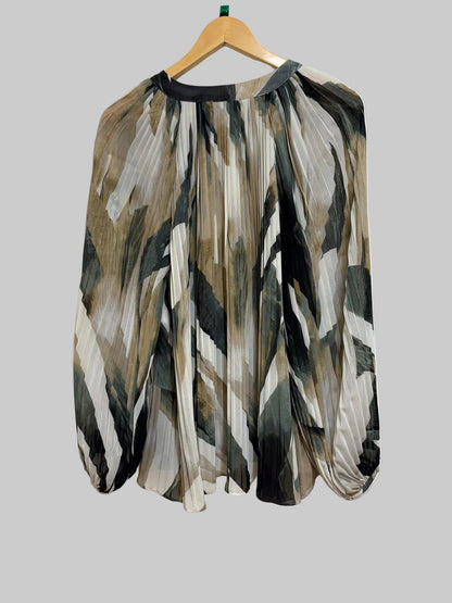 Mint Velvet Pleated Print Blouse UK 14 EU 42 - Beige & Green - Great Used Condition