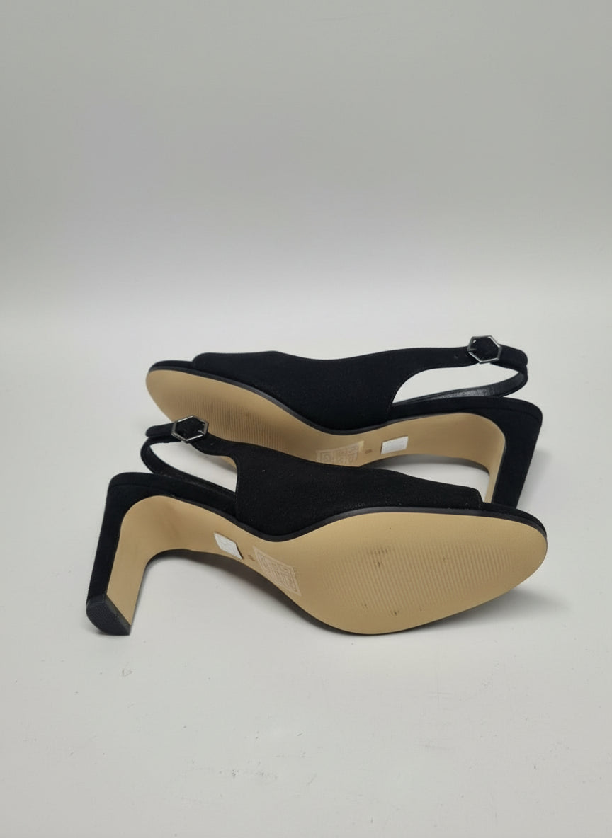 Moda in Pelle Black Suede Heeled Peep Toe Sling-Back Shoes UK 7 EU 40