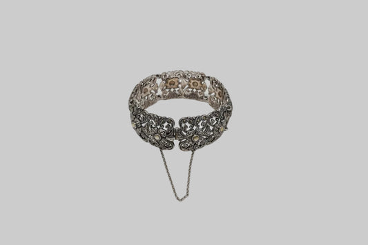 Antique Floral Sterling silver Marcasite Bracelet-MISSING ONE STONE. HENCE PRICE! USED VGC