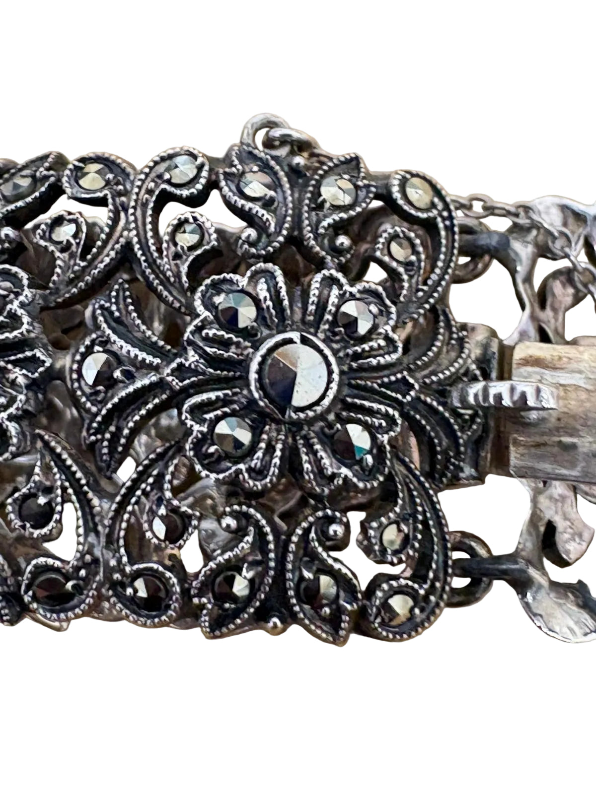 Antique Floral Sterling silver Marcasite Bracelet-MISSING ONE STONE. HENCE PRICE! USED VGC