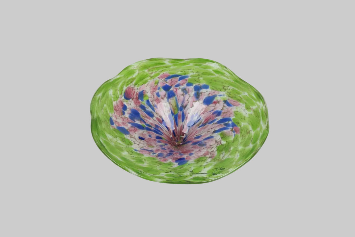 Murano flared glass bowl, decorative art green, blue, pink ruffled