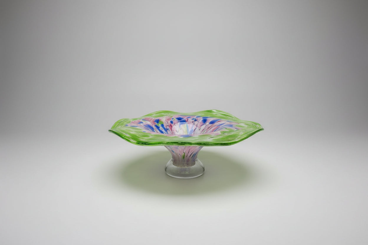 Murano flared glass bowl, decorative art green, blue, pink ruffled
