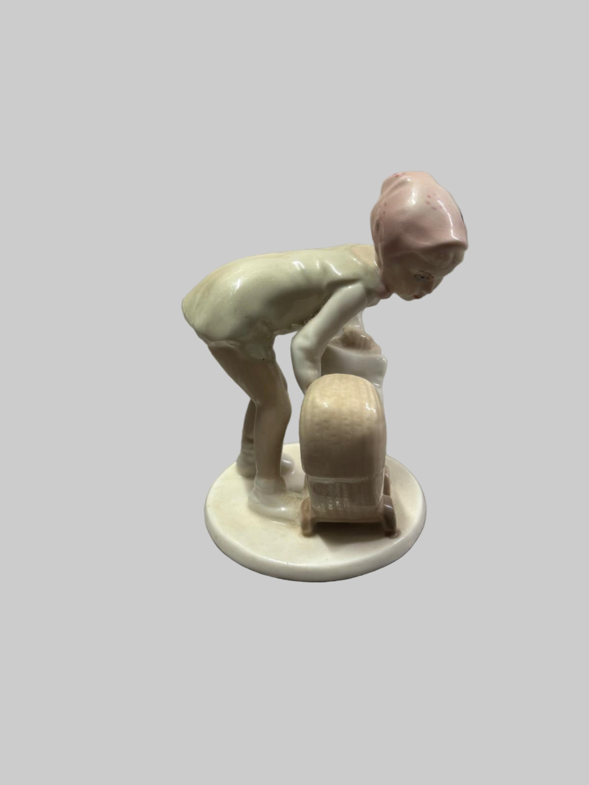 Porcelain Young Lady Woman Mother Baby Cart Sleep Girl Doll Pram Child Figurine