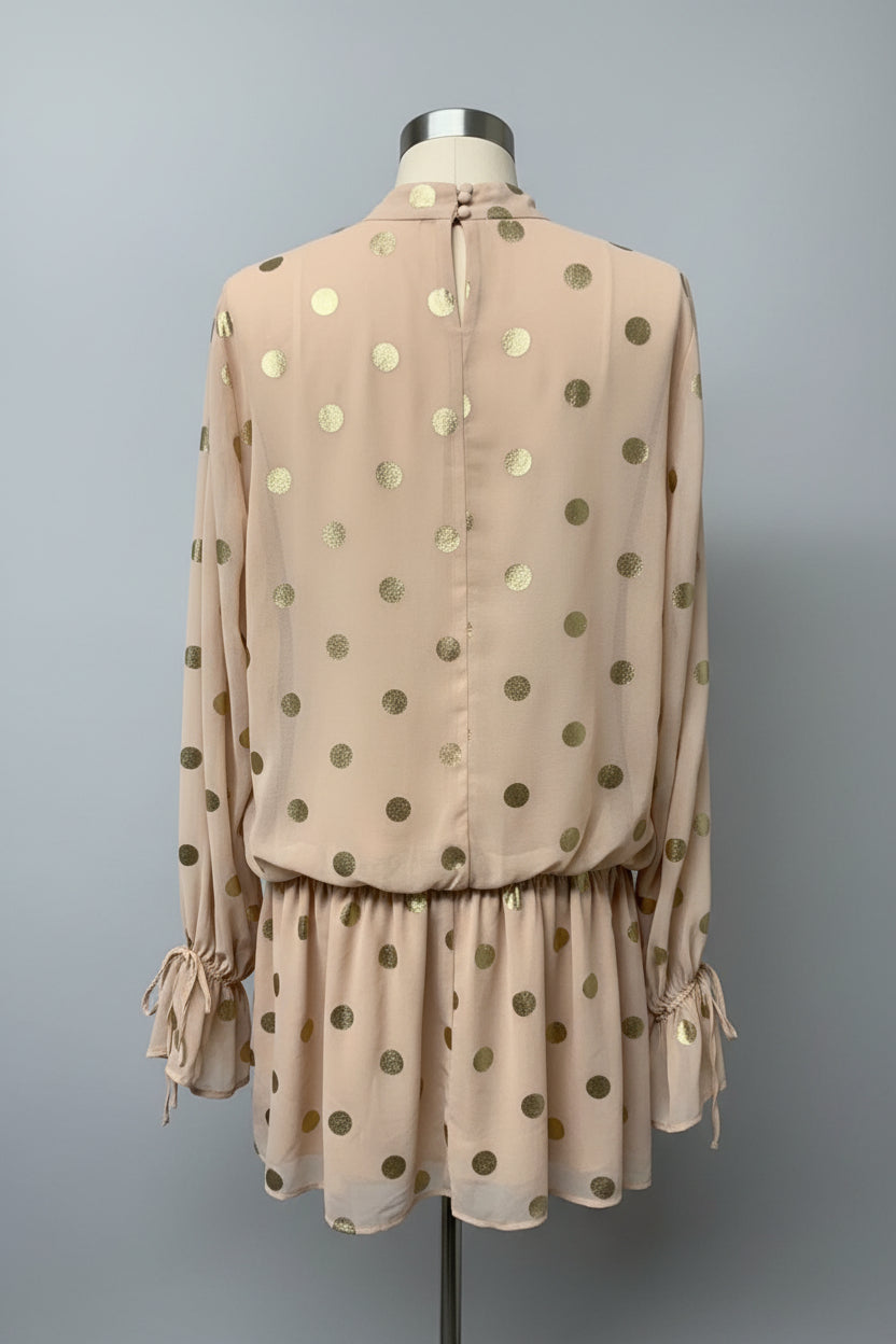 Camila Coelho Nude Pink Gold Polka-Dot Smock Dress Waist-Tie Ruffle Sleeves - Size Extra Large - GOOD USED CONDITION