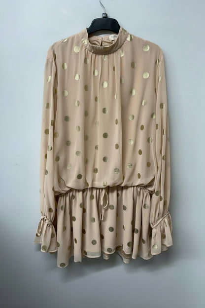 Camila Coelho Nude Pink Gold Polka-Dot Smock Dress Waist-Tie Ruffle Sleeves - Size Extra Large - GOOD USED CONDITION