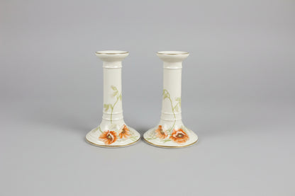 Pair 2 x Antique Limoges France Painted Poppy Candle Holders - Floral Design candle - USED GOOD CONDITION