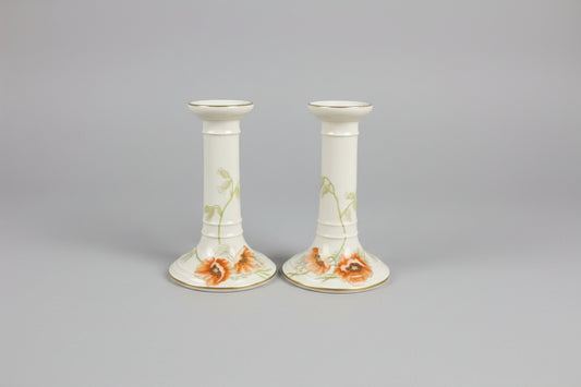 Pair 2 x Antique Limoges France Painted Poppy Candle Holders - Floral Design candle - USED GOOD CONDITION