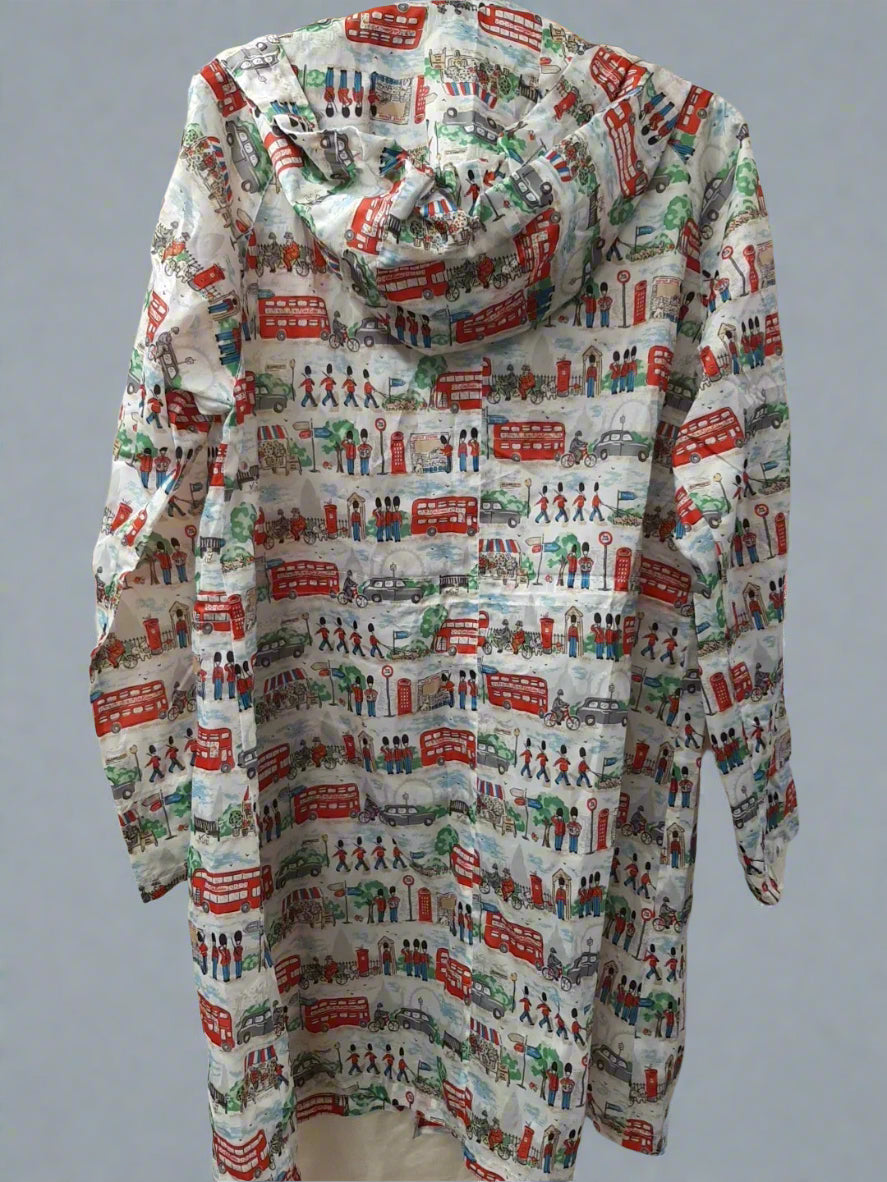 Cath Kidston London Rain Jacket Women's L Hooded Travel Coat Bus Print in Bag