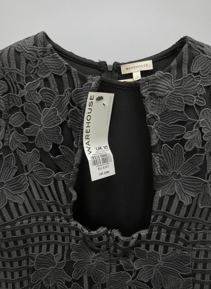 Warehouse Black Laser-Cut Dress UK 10 EU 38 Midi Work Formal