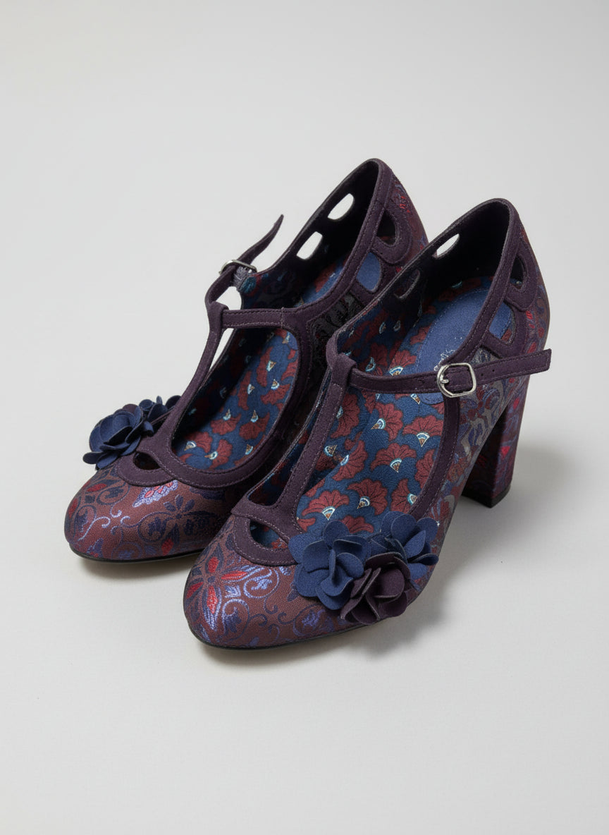 Ruby Shoo Valerie in Aubergine Heels UK 5 EU 38 Floral Buckle T-Bar