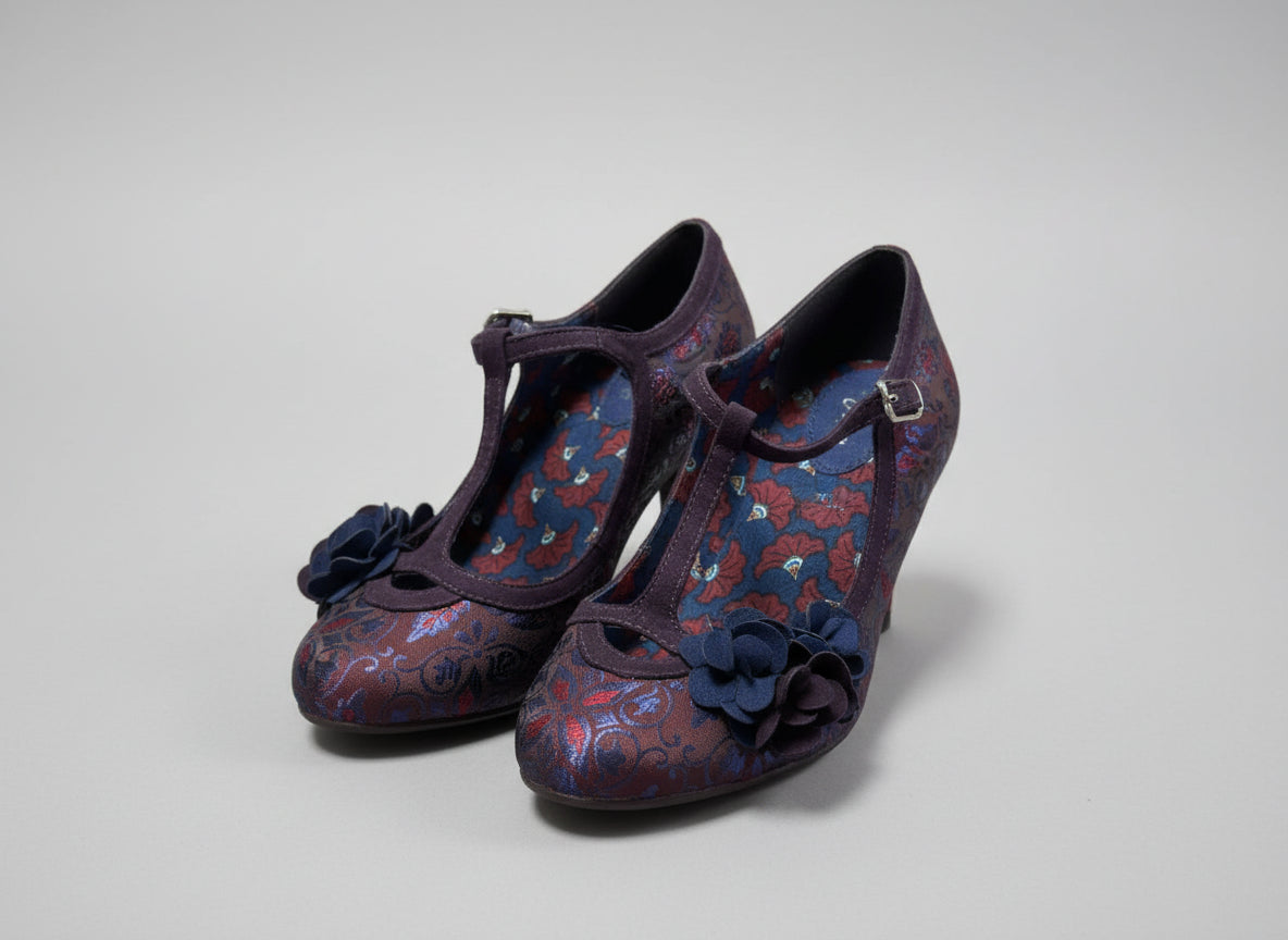 Ruby Shoo Valerie in Aubergine Heels UK 5 EU 38 Floral Buckle T-Bar
