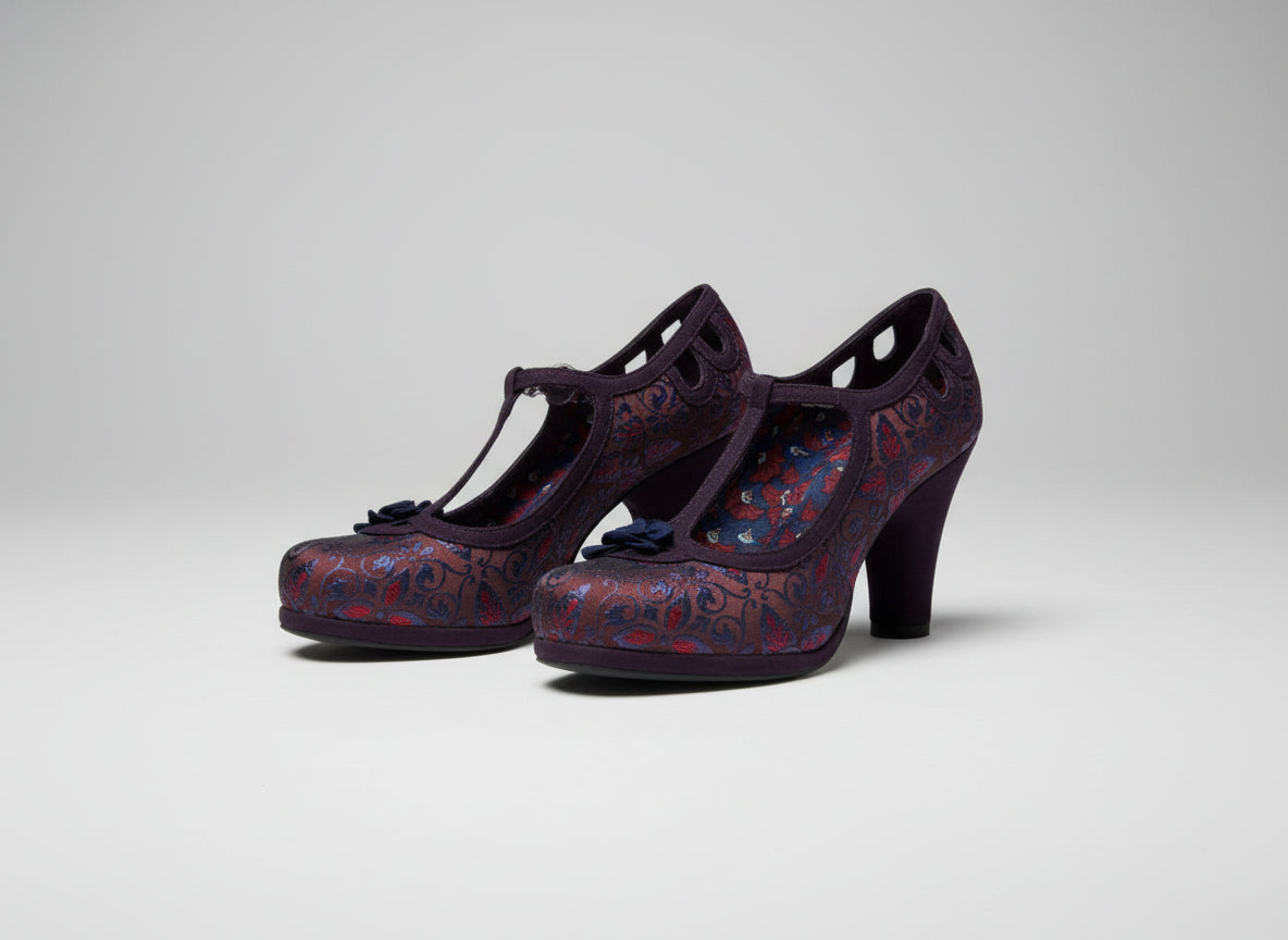Ruby Shoo Valerie in Aubergine Heels UK 5 EU 38 Floral Buckle T-Bar