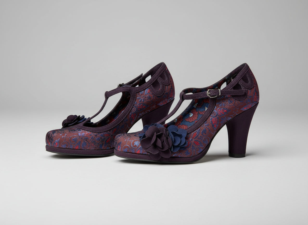 Ruby Shoo Valerie in Aubergine Heels UK 5 EU 38 Floral Buckle T-Bar