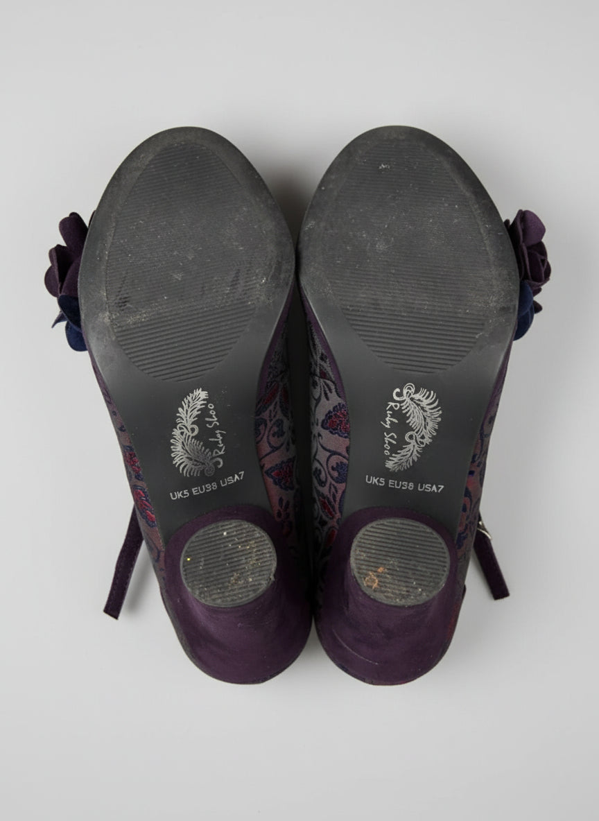Ruby Shoo Valerie in Aubergine Heels UK 5 EU 38 Floral Buckle T-Bar