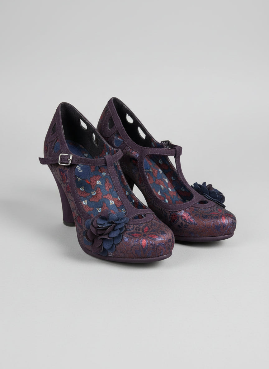 Ruby Shoo Valerie in Aubergine Heels UK 5 EU 38 Floral Buckle T-Bar
