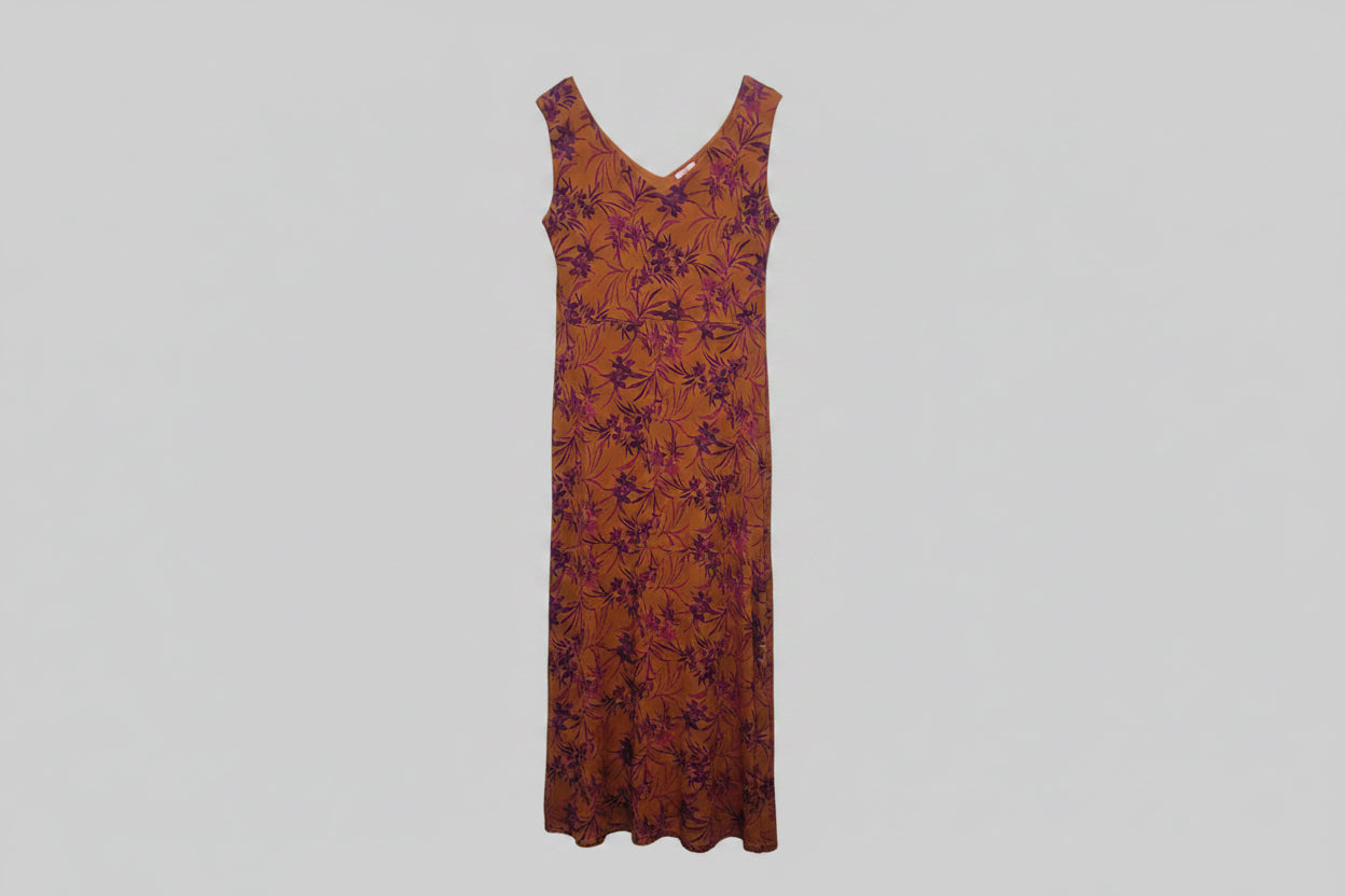Joe Browns Burnt Orange Tan Floral Swing Jersey Dress UK 22 EU 50 Midi Maxi