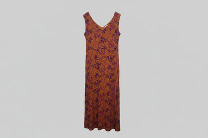 Joe Browns Burnt Orange Tan Floral Swing Jersey Dress UK 22 EU 50 Midi Maxi