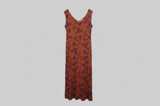 Joe Browns Burnt Orange Tan Floral Swing Jersey Dress UK 22 EU 50 Midi Maxi