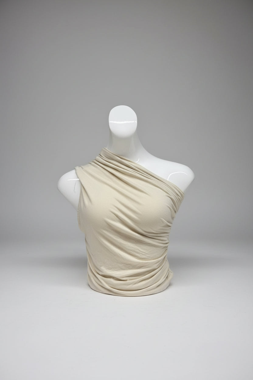 BNWT Entire Studios (S) Pillar Top UK 8 10 Ruched One Sleeve Off The Shoulder - Cream Ecru