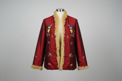Esme (M) Vintage Red Jacket Floral Embroidery & Fur Trim Size Medium UK 12 EU 40