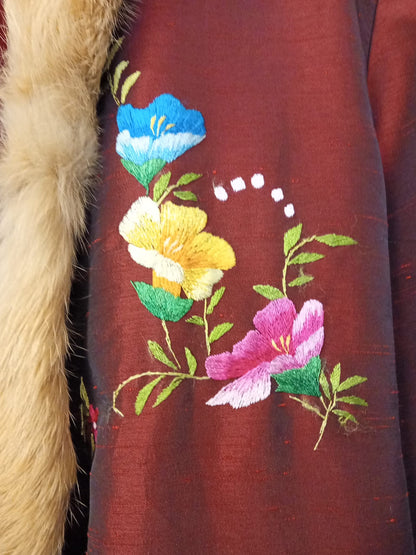 Esme (M) Vintage Red Jacket Floral Embroidery & Fur Trim Size Medium UK 12 EU 40