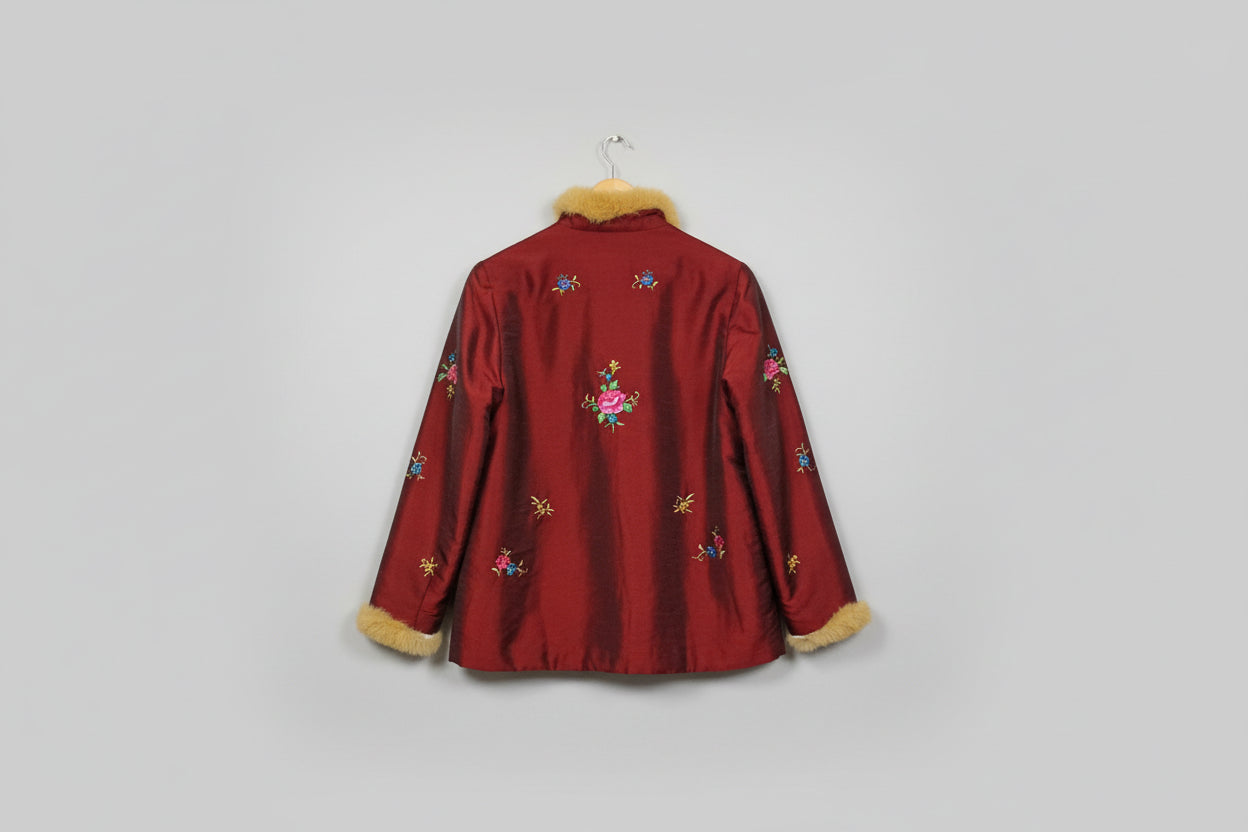 Esme (M) Vintage Red Jacket Floral Embroidery & Fur Trim Size Medium UK 12 EU 40