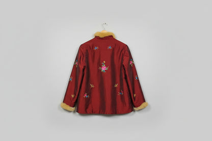 Esme (M) Vintage Red Jacket Floral Embroidery & Fur Trim Size Medium UK 12 EU 40