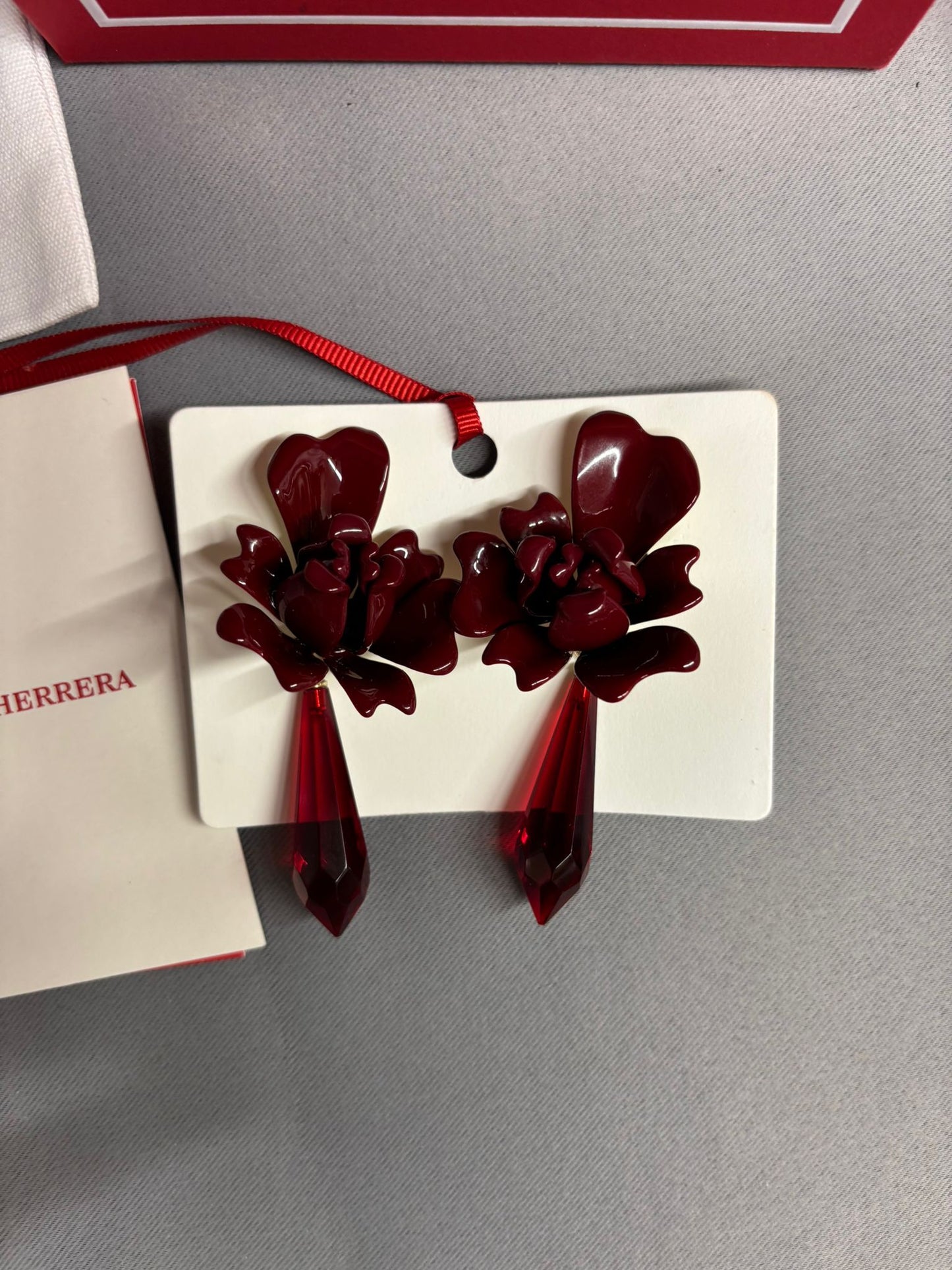 Caroline Herrera Red Tulip Enamel Flower Drop Earrings