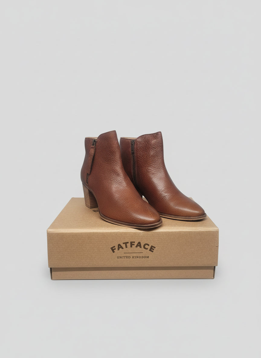 BNIB Fat Face Acorn Brown Ankle Boots UK 7 EU 40 Leather Heeled Zipped £75