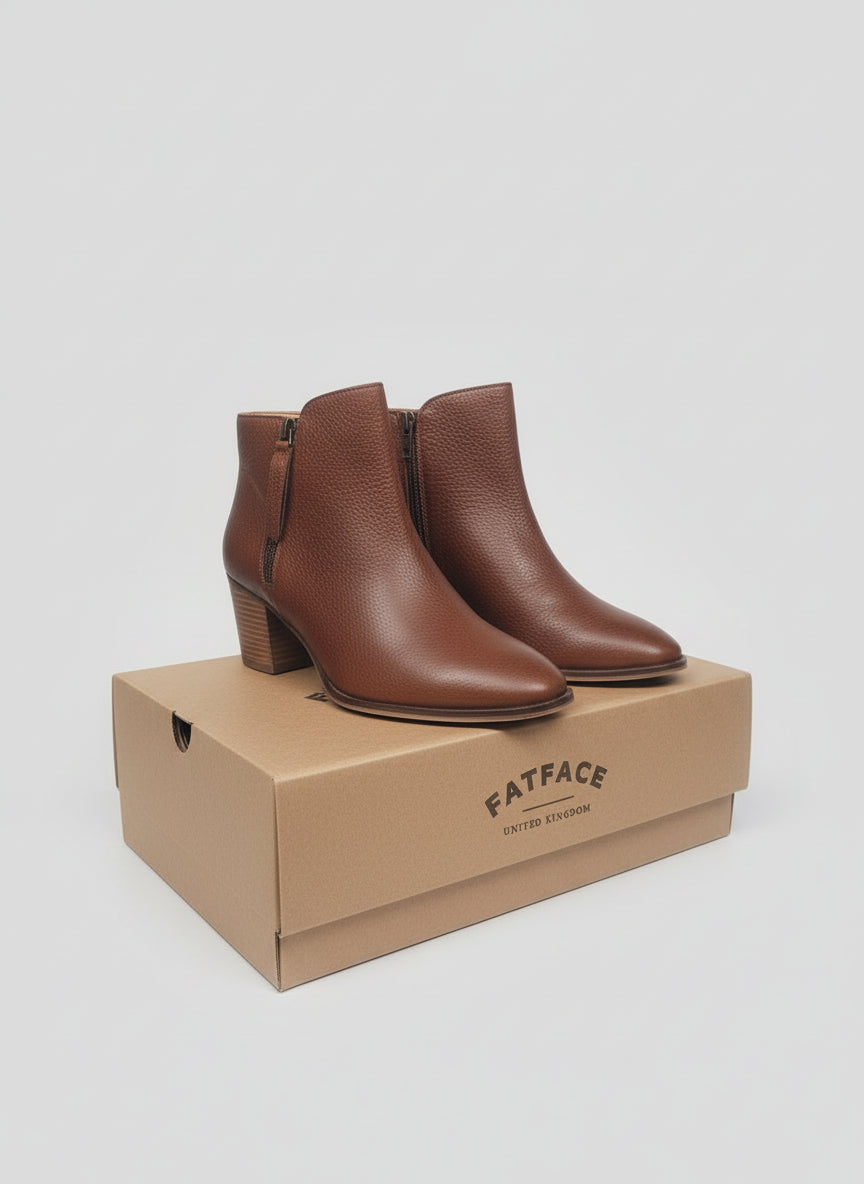 BNIB Fat Face Acorn Brown Ankle Boots UK 8 EU 41 Leather Heeled Zipped £75