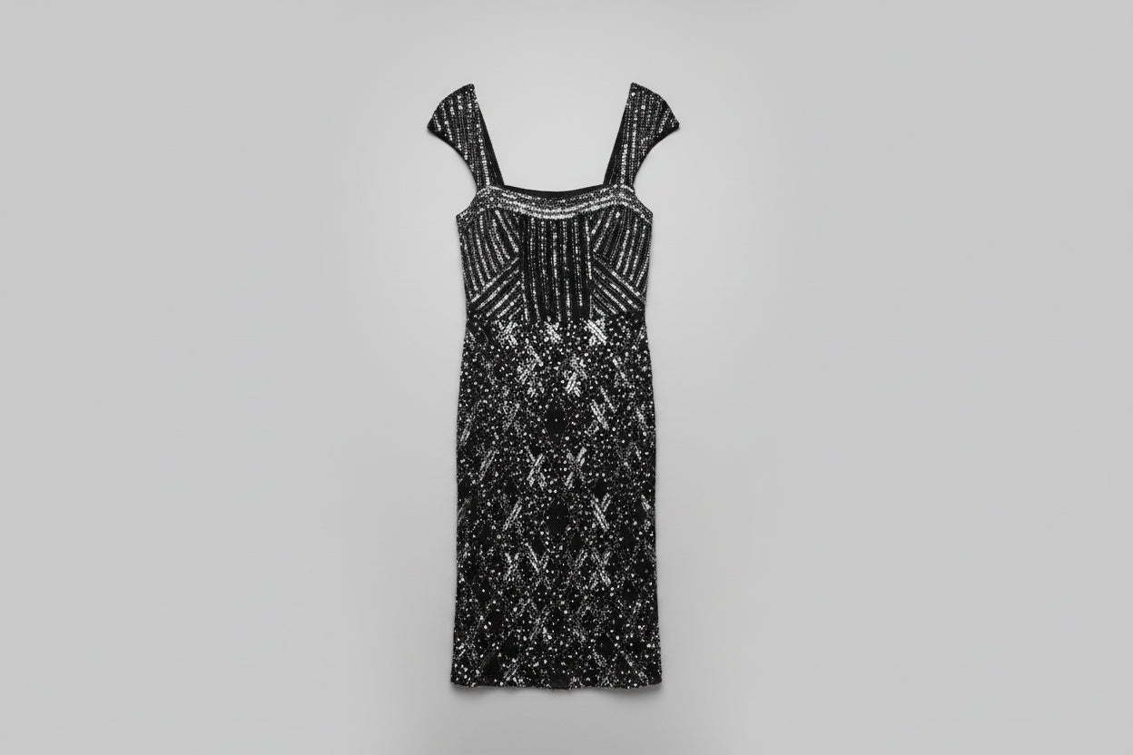 Frank Lyman (6) Black Beaded Dress UK 10 EU 38 Sequin Party