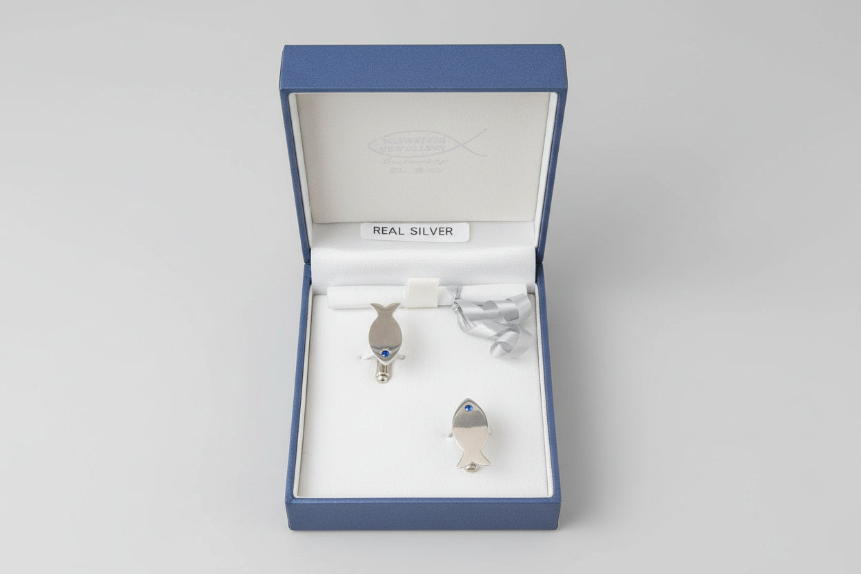 Blue Eye Fish Cufflinks Silver 925 - SET - GIFT - NEW IN BOX