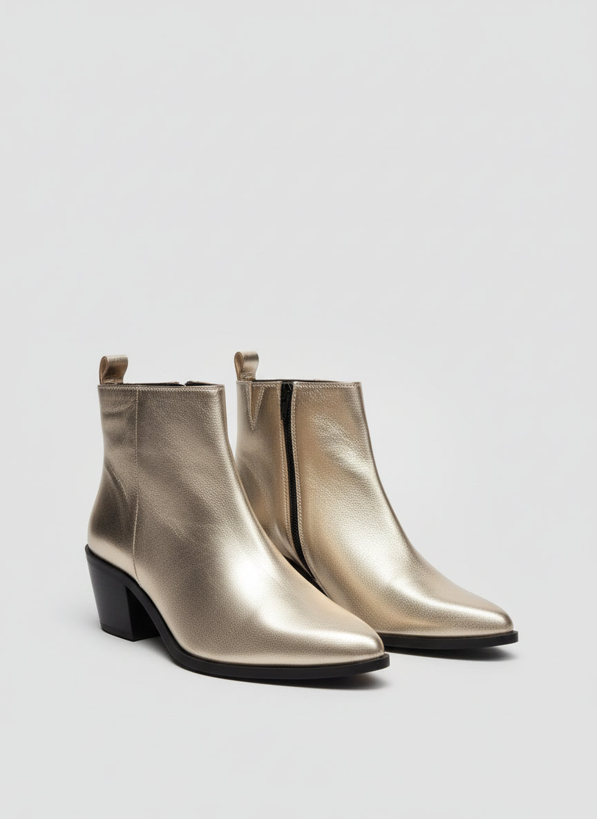 Dune Gold Heeled Boots UK 7 EU 40 Block Heel Ankle Pointed