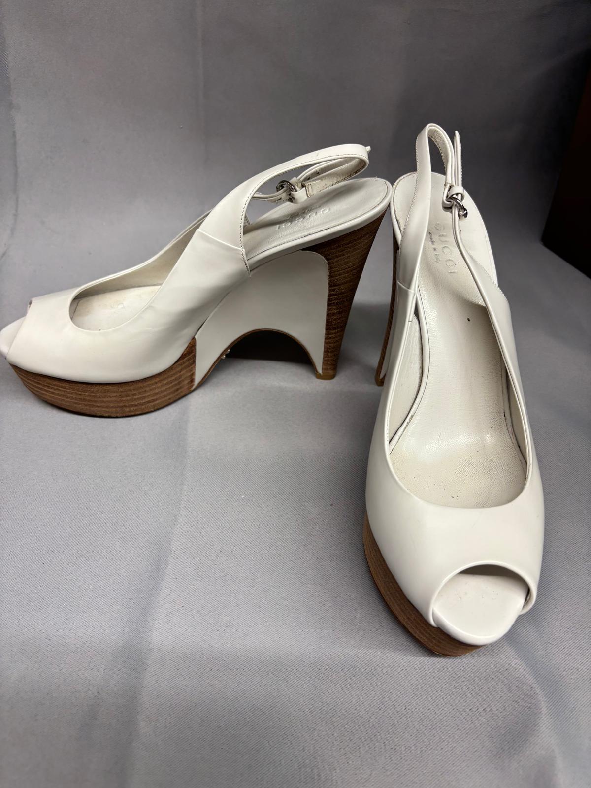 Gucci White Leather Platform Wooden Heels UK 3 EU 36 Sling-Back Peep-Toe