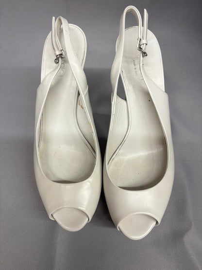 Gucci White Leather Platform Wooden Heels UK 3 EU 36 Sling-Back Peep-Toe