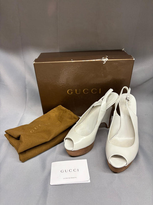 Gucci White Leather Platform Wooden Heels UK 3 EU 36 Sling-Back Peep-Toe