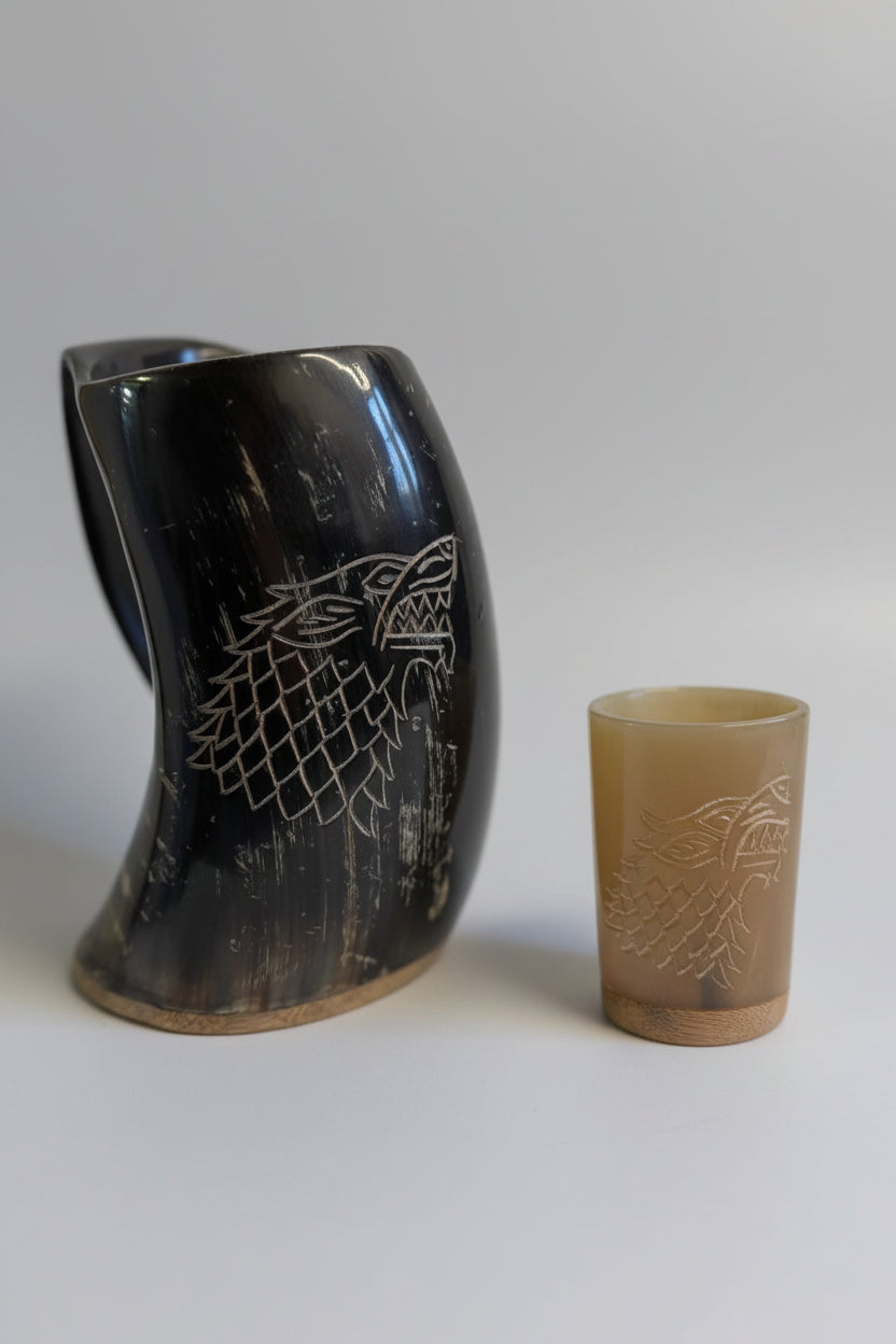 GAME OF THRONES HOUSE OF STARK  DRINKING HORN MUG AND SHOT GLASS