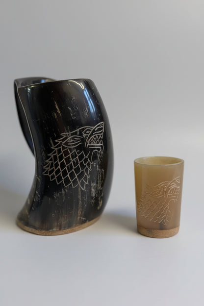 GAME OF THRONES HOUSE OF STARK  DRINKING HORN MUG AND SHOT GLASS