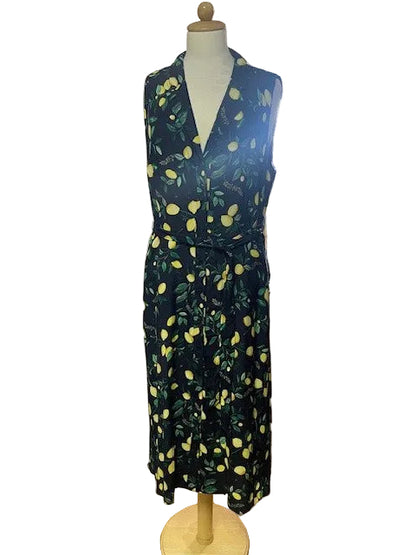 Hobbs Blue & Yellow Lemon Print Dress UK 14 EU 42 - Button Front - Waist-Tie - Shirt Midi