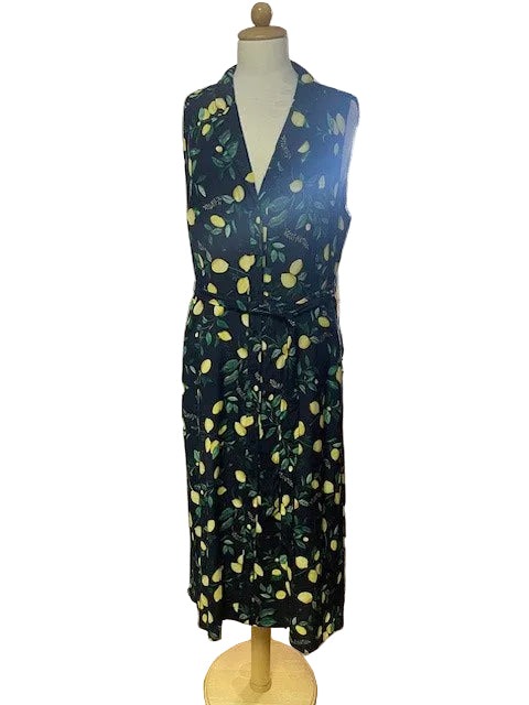 Hobbs Blue & Yellow Lemon Print Dress UK 14 EU 42 - Button Front - Waist-Tie - Shirt Midi