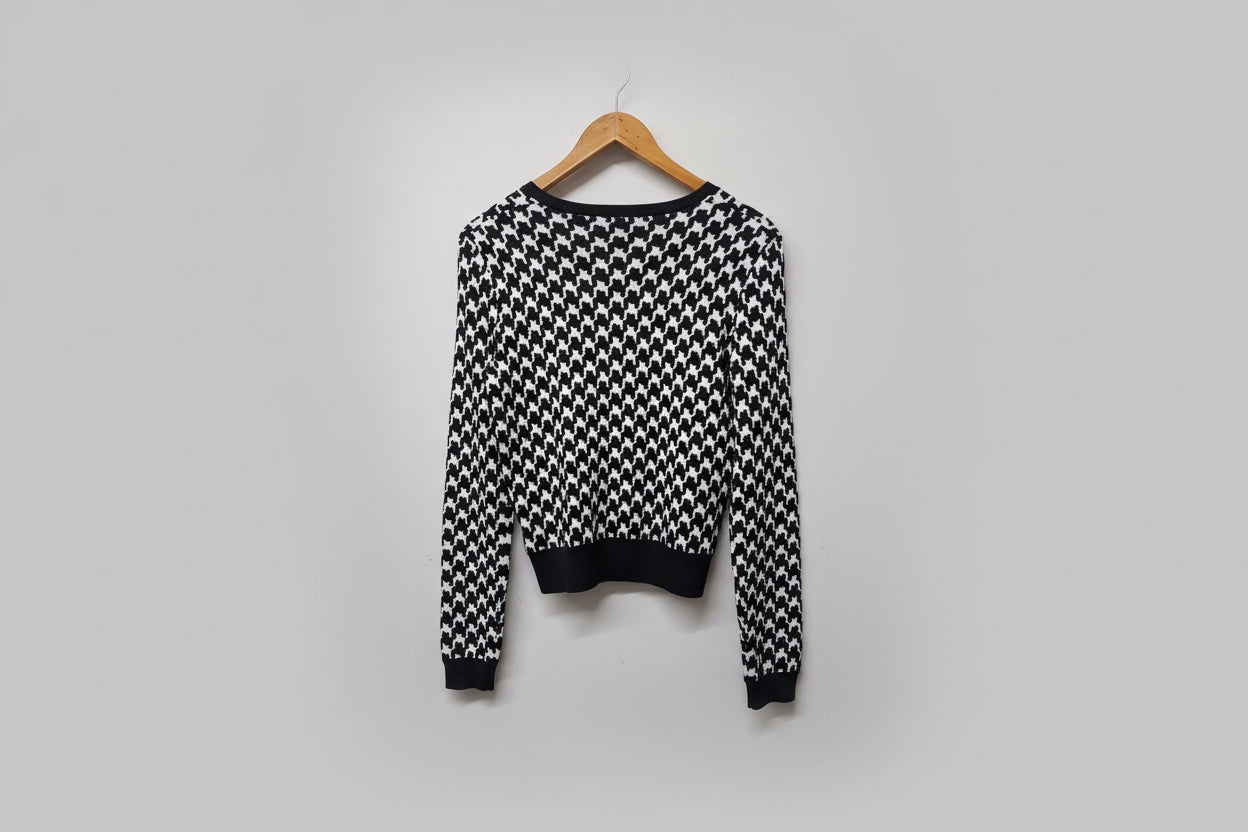 Hugo Boss Black & White Houndstooth Cardigan (XS) UK 6 8 EU 34 36 Wool-Blend Buttoned Round-Neck