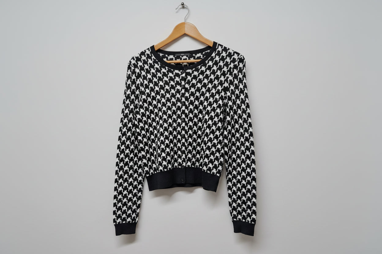 Hugo Boss Black & White Houndstooth Cardigan (XS) UK 6 8 EU 34 36 Wool-Blend Buttoned Round-Neck