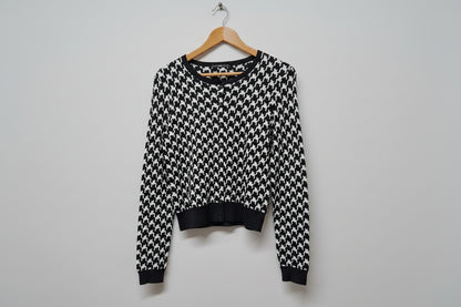 Hugo Boss Black & White Houndstooth Cardigan (XS) UK 6 8 EU 34 36 Wool-Blend Buttoned Round-Neck