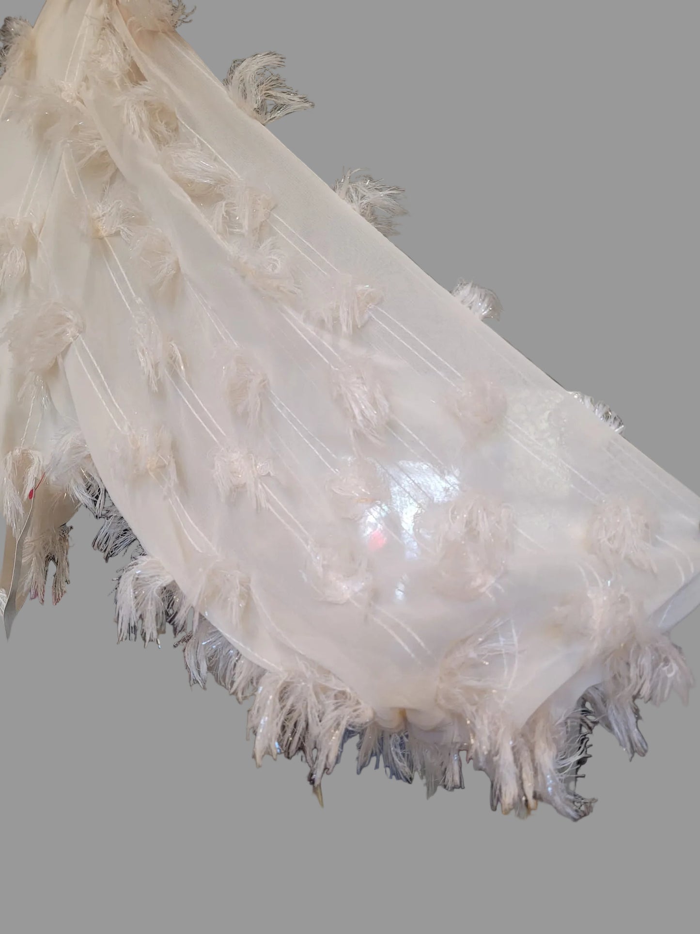 NEW Sister Jane (S) Cream Feathered Dress UK 8 10 EU 36 38 Puff-Sleeve Tassel Fringed