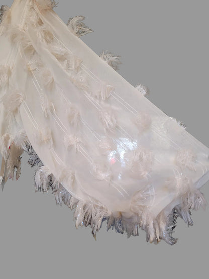 NEW Sister Jane (S) Cream Feathered Dress UK 8 10 EU 36 38 Puff-Sleeve Tassel Fringed