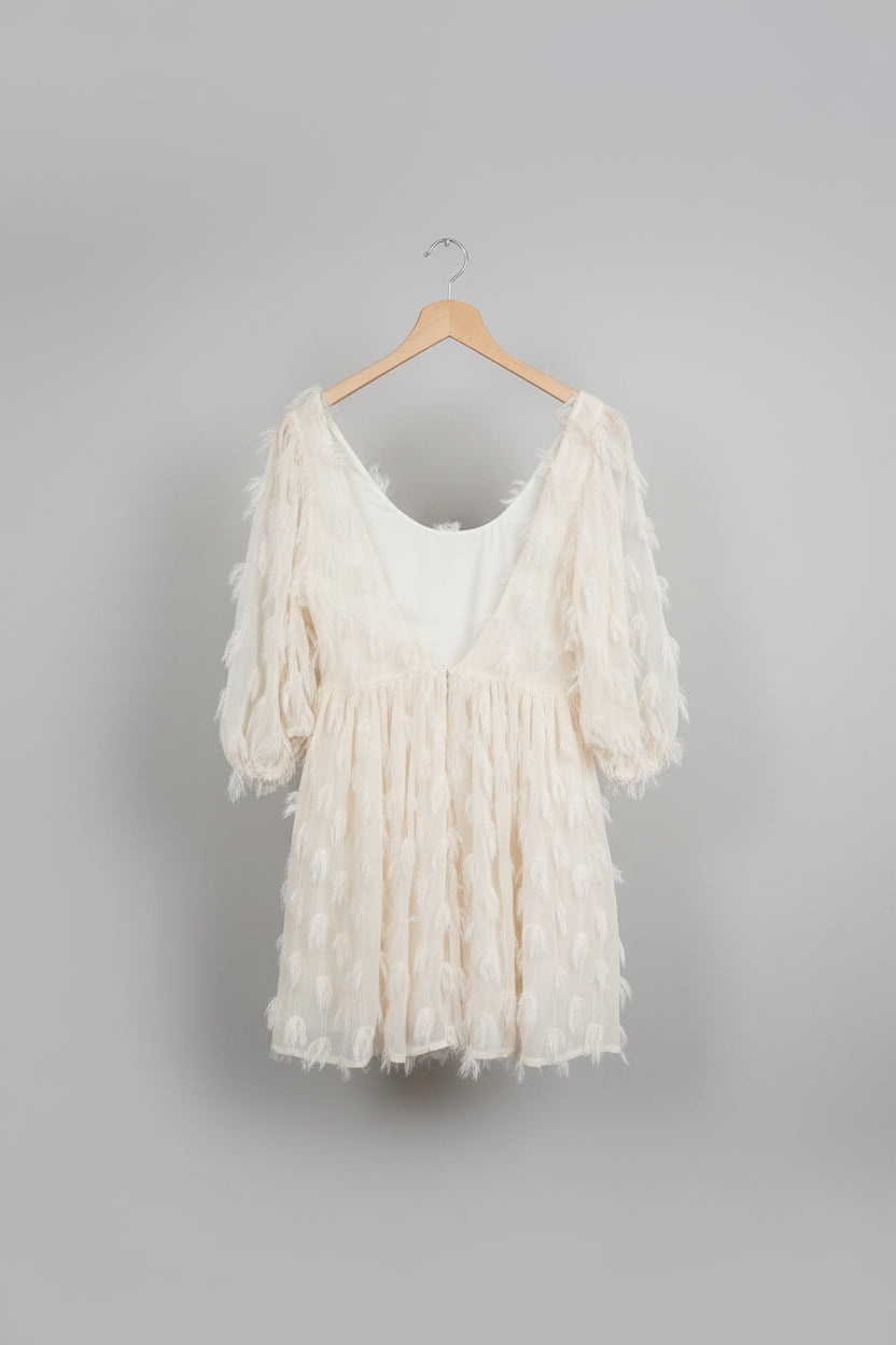NEW Sister Jane (S) Cream Feathered Dress UK 8 10 EU 36 38 Puff-Sleeve Tassel Fringed