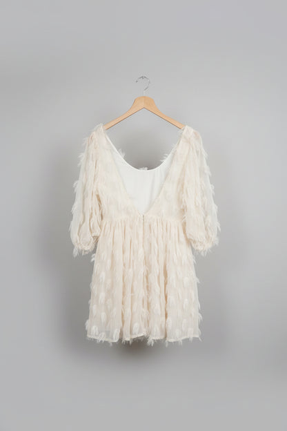 NEW Sister Jane (S) Cream Feathered Dress UK 8 10 EU 36 38 Puff-Sleeve Tassel Fringed