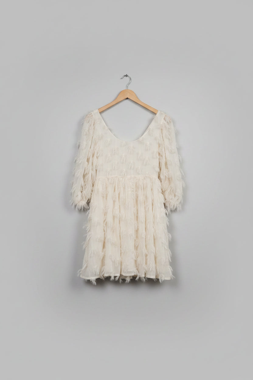 NEW Sister Jane (S) Cream Feathered Dress UK 8 10 EU 36 38 Puff-Sleeve Tassel Fringed